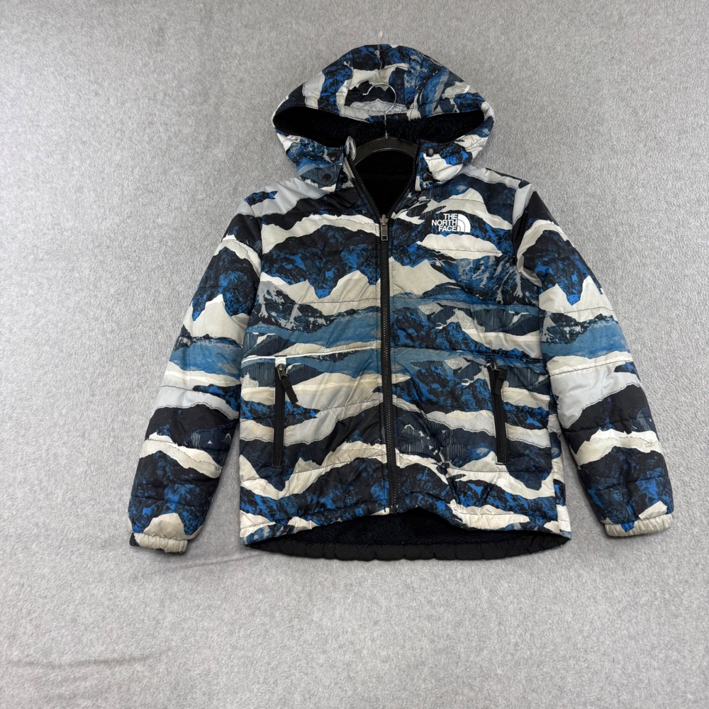 The North Face Reversible Jacket Boys Size L 12 Blue Mountain Print Fleece